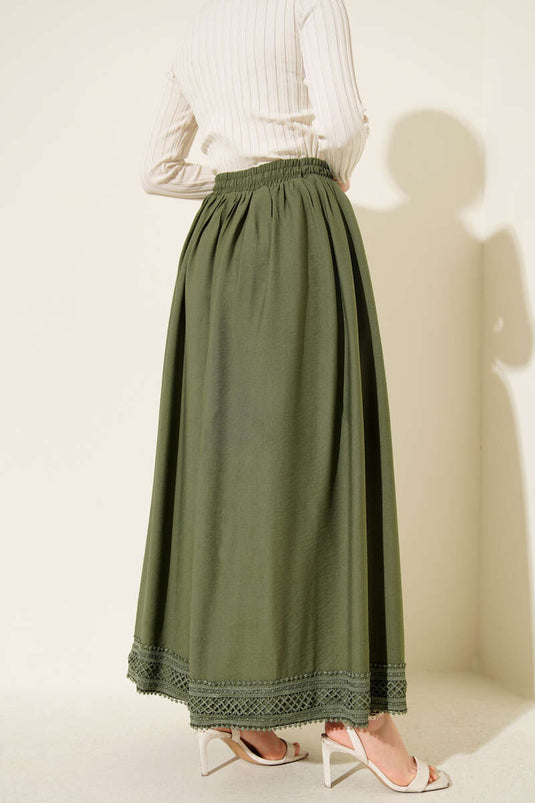 Skirt with Lace Hem Flared Skirt Khaki