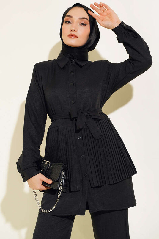 Ensemble deux pièces en lin plissé noir