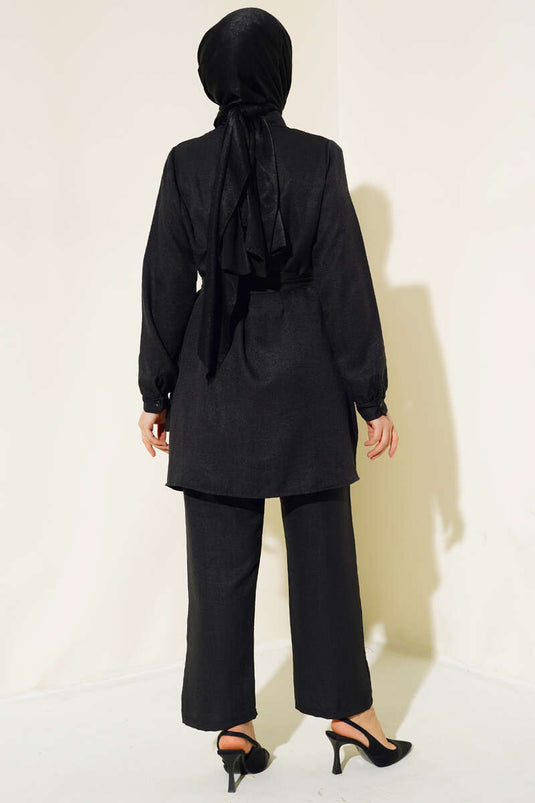 Ensemble deux pièces en lin plissé noir