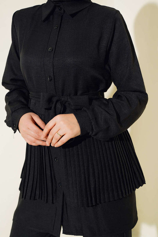 Etek Ucu Pileli Keten İkili Takım Siyah