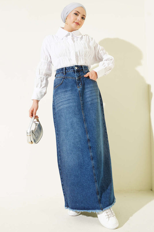 Jean Skirt with Tassel Hem Denim Skirt