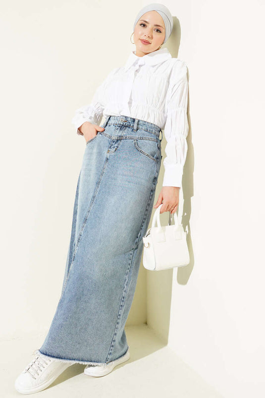 Jean Skirt with Tassel Hem, Denim Blue