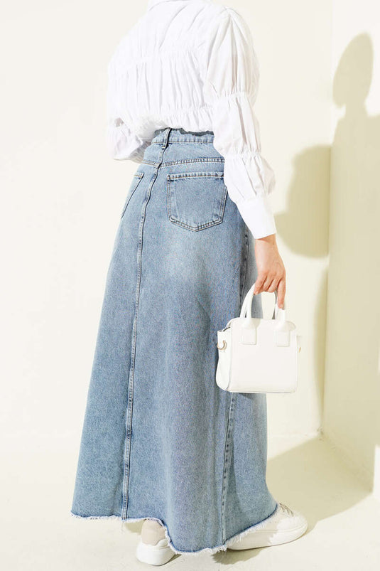 Jean Skirt with Tassel Hem, Denim Blue