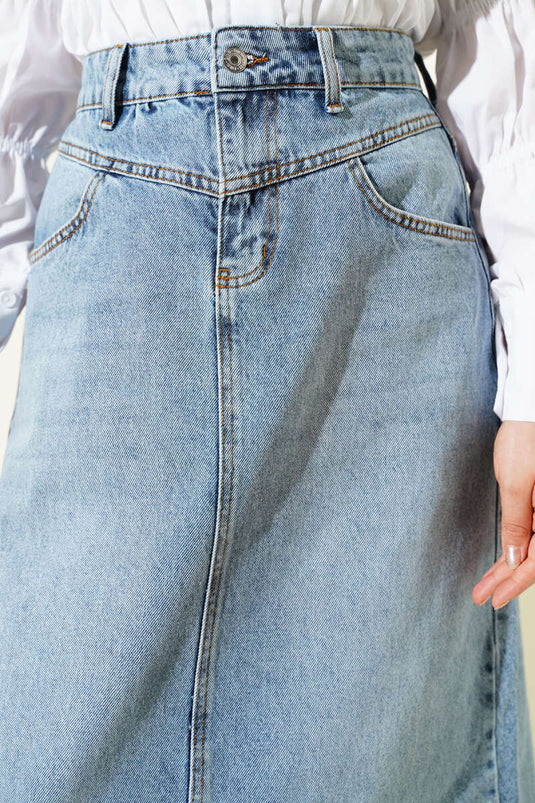 Etek Ucu Püsküllü Jean Etek Kot Mavisi