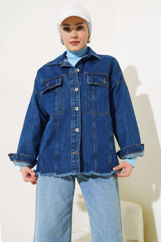Veste en jean oversize avec ourlet à pompons