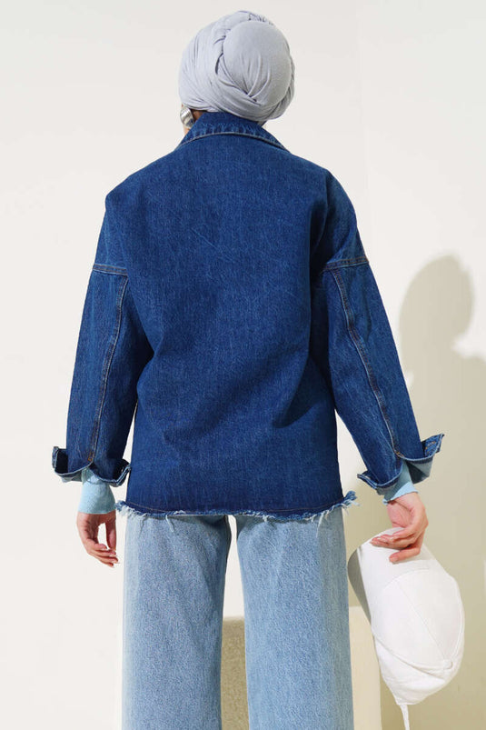 Veste en jean oversize avec ourlet à pompons
