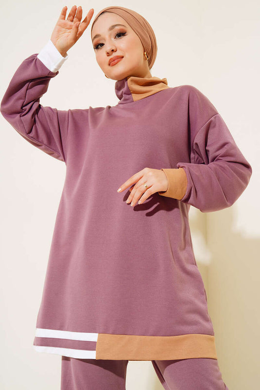 Etek Ucu Şerit Detaylı İkili Takım Gül Kurusu