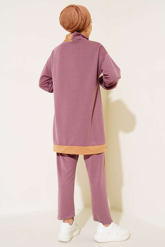 Etek Ucu Şerit Detaylı İkili Takım Gül Kurusu