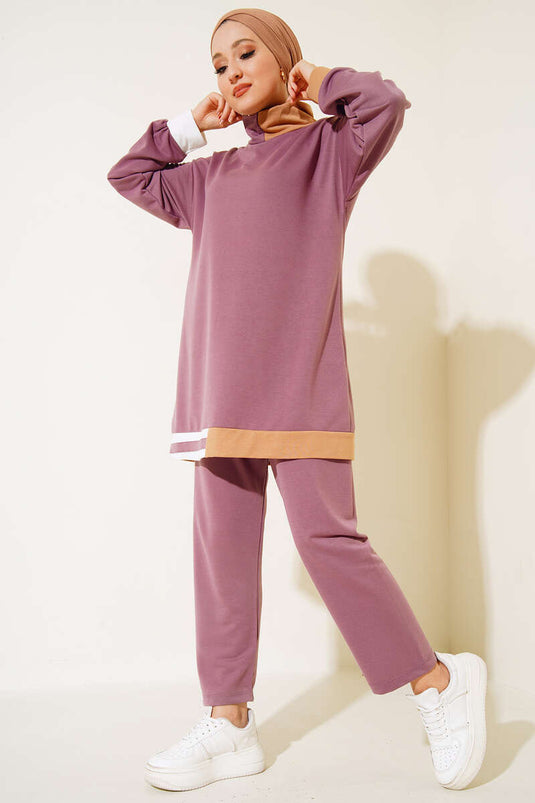 Etek Ucu Şerit Detaylı İkili Takım Gül Kurusu