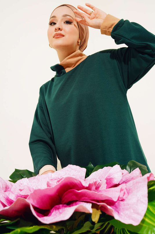 Etek Ucu Şerit Detaylı İkili Takım Zümrüt Yeşil