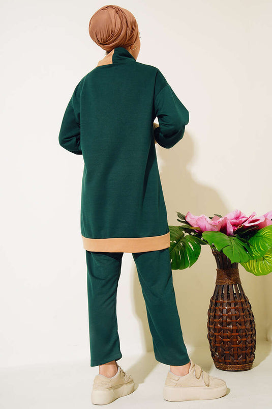 Etek Ucu Şerit Detaylı İkili Takım Zümrüt Yeşil