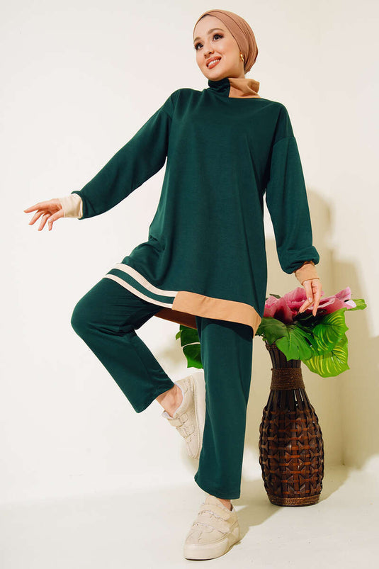 Etek Ucu Şerit Detaylı İkili Takım Zümrüt Yeşil