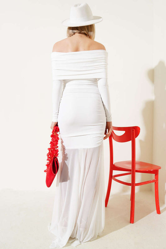 Etek Ucu Tül Büzgülü Kayık Yaka Elbise Ekru