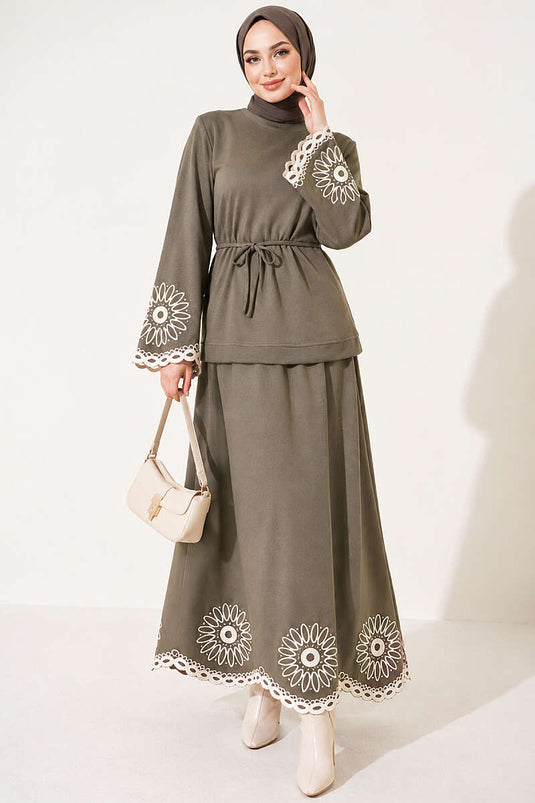 Haki Embroidered Hem And Cuff Skirt Suit