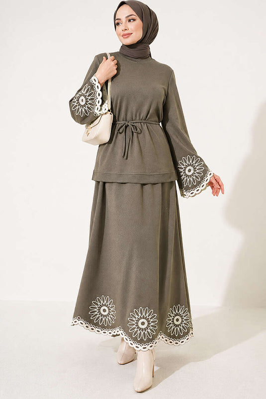 Haki Embroidered Hem And Cuff Skirt Suit