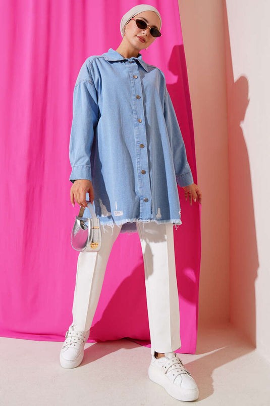 Denim Jacket with Ripped Hem and Fringes, Denim Blue