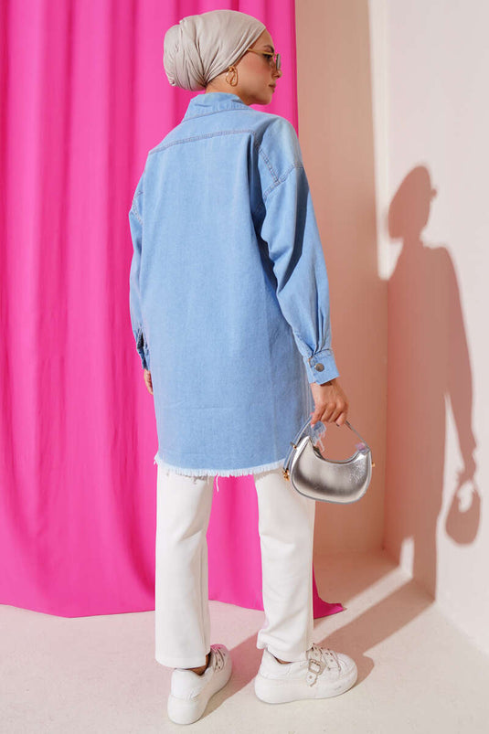 Denim Jacket with Ripped Hem and Fringes, Denim Blue