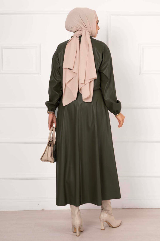 Lederanzug mit Rock in Khaki