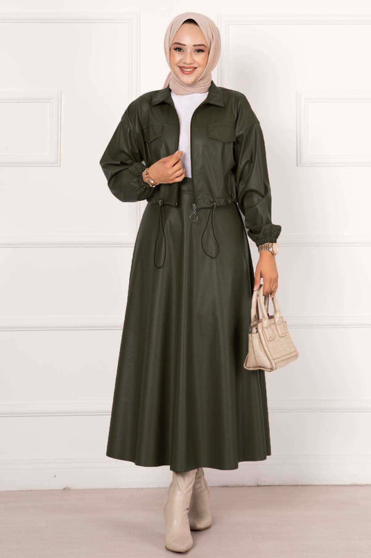 Lederanzug mit Rock in Khaki