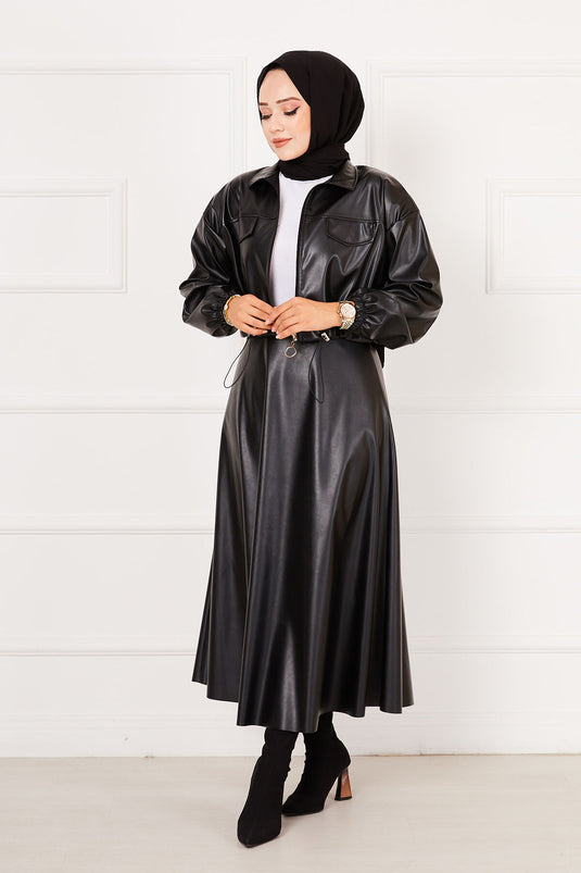 Leather Skirted Suit Black