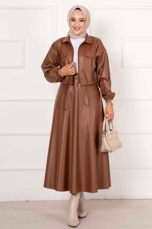 Leather Skirted Suit Tan