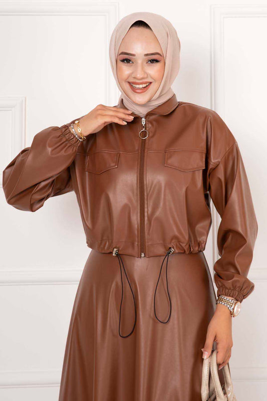 Leather Skirted Suit Tan