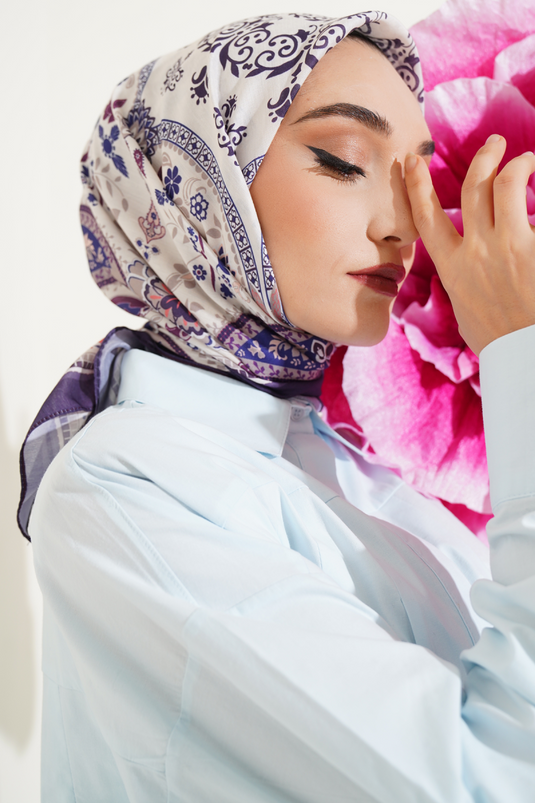 Ethnic Flowered Soft Scarf Dark Purple