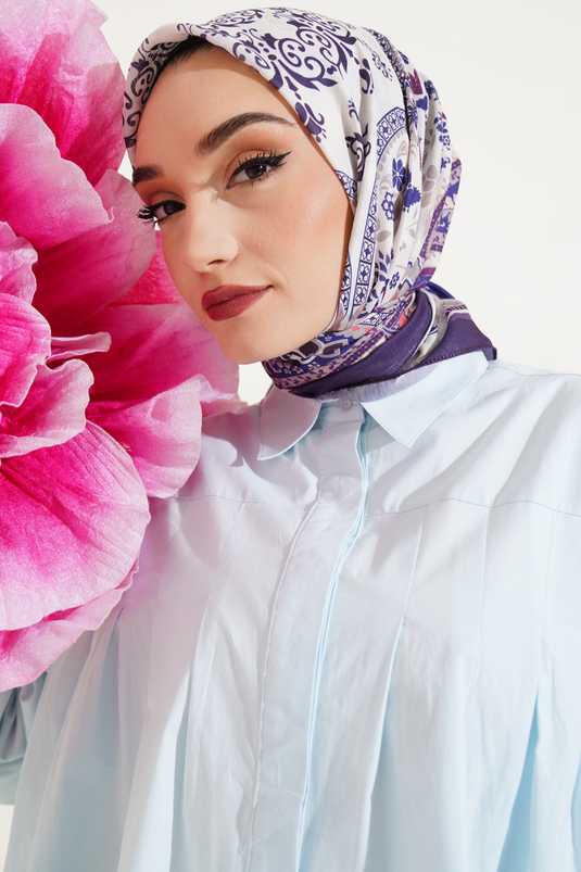 Ethnic Flowered Soft Scarf Dark Purple