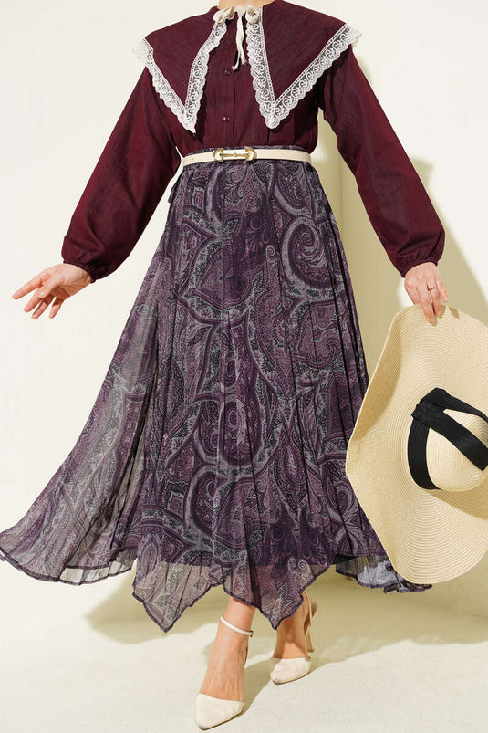 Ethnic Pattern Asymmetric Chiffon Skirt Burgundy