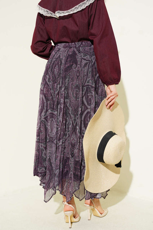 Ethnic Pattern Asymmetric Chiffon Skirt Burgundy