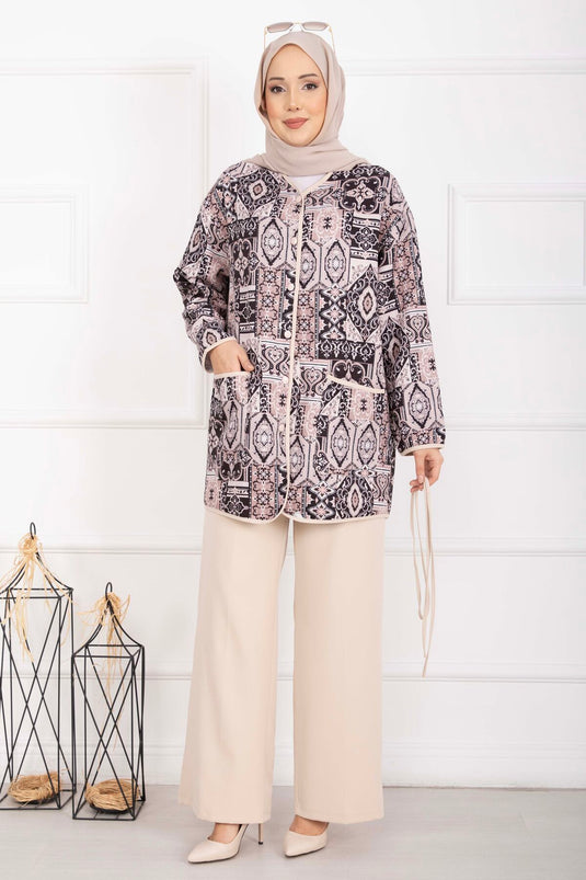 Ethnic Patterned Jacket Set with Piping Beige