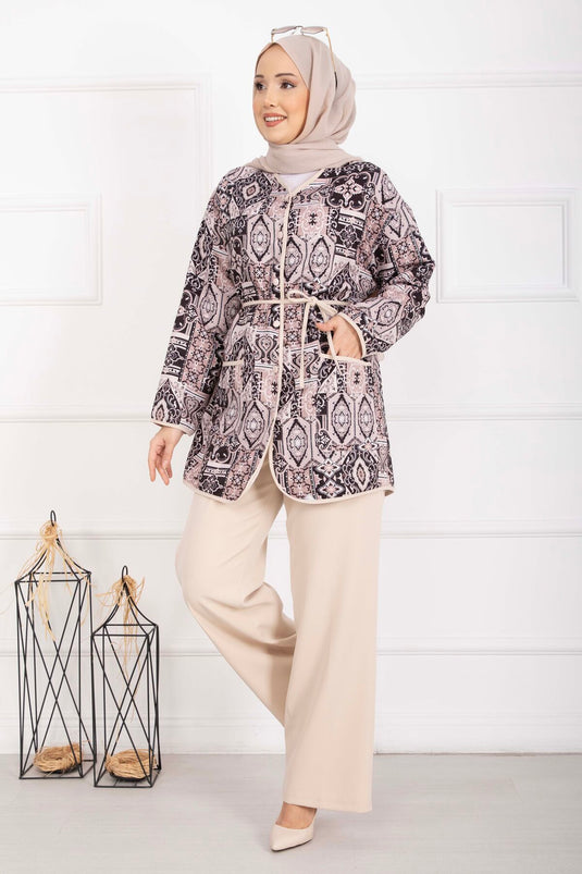 Ethnic Patterned Jacket Set with Piping Beige