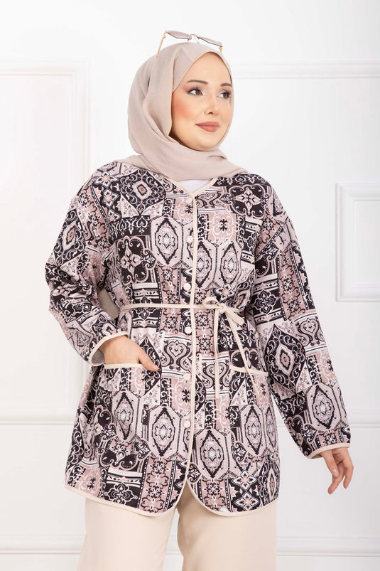 Ethnic Patterned Jacket Set with Piping Beige