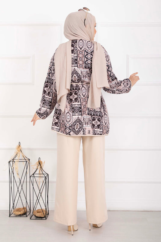 Ethnic Patterned Jacket Set with Piping Beige