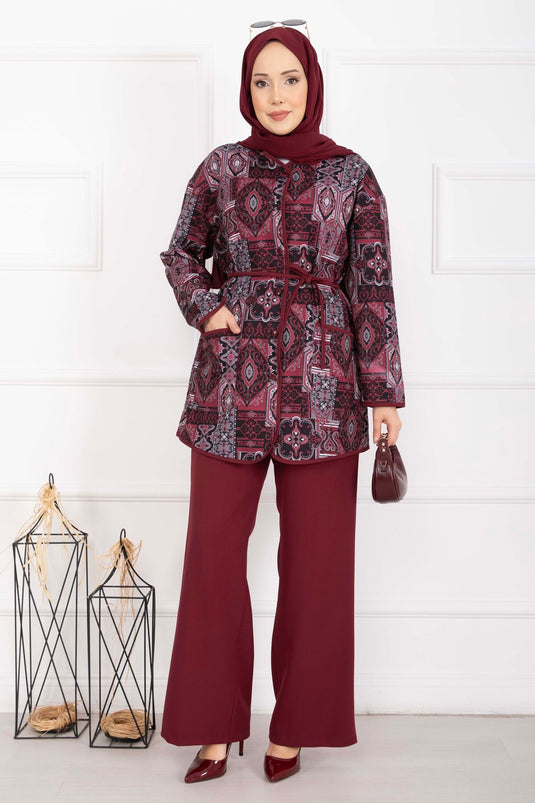 Ethnic Pattern Piped Jacket Set Burgundy