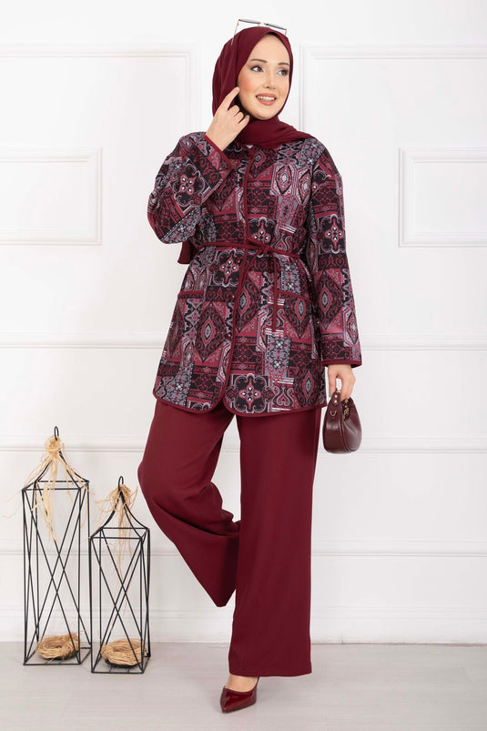Ethnic Pattern Piped Jacket Set Burgundy