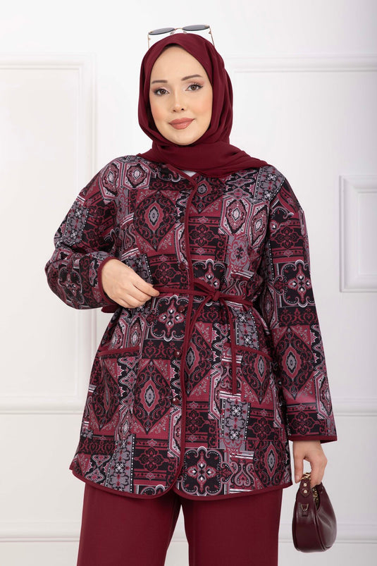 Ethnic Pattern Piped Jacket Set Burgundy