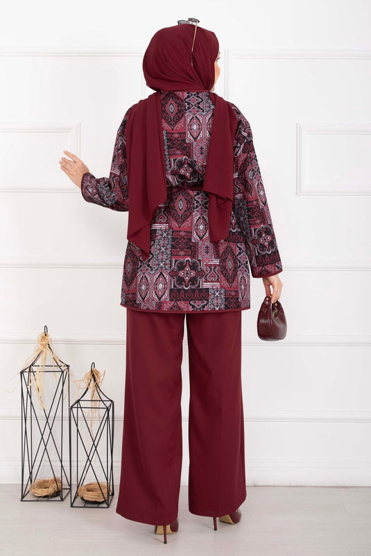 Ethnic Pattern Piped Jacket Set Burgundy