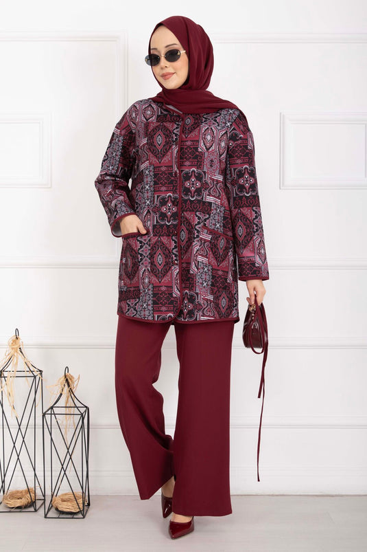 Ethnic Pattern Piped Jacket Set Burgundy