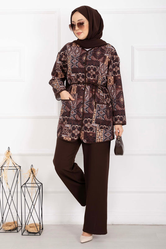 Ethnic Pattern Piped Jacket Set Brown