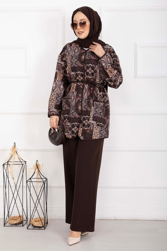 Ensemble à veste bordée motif ethnique marron