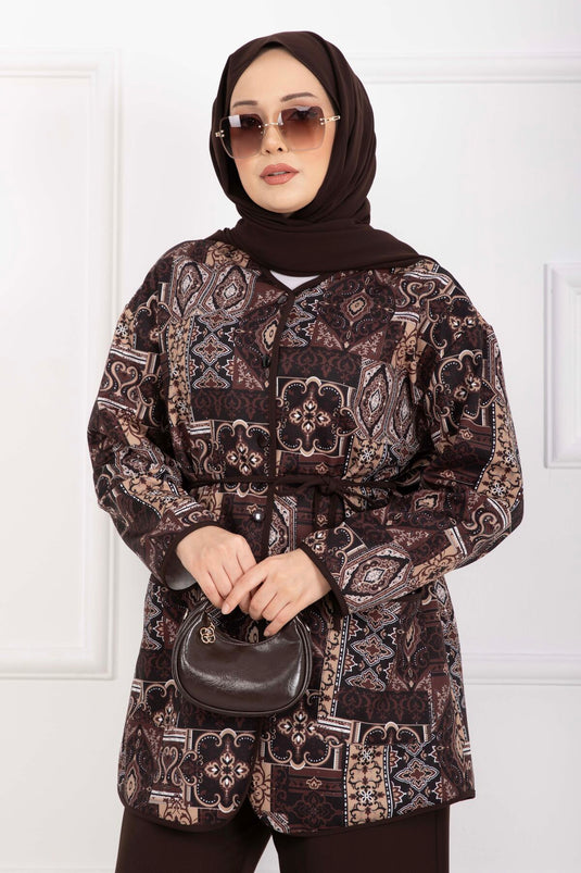 Ethnic Pattern Piped Jacket Set Brown