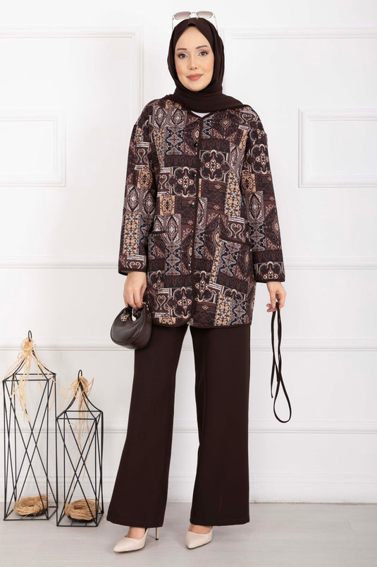 Ensemble à veste bordée motif ethnique marron