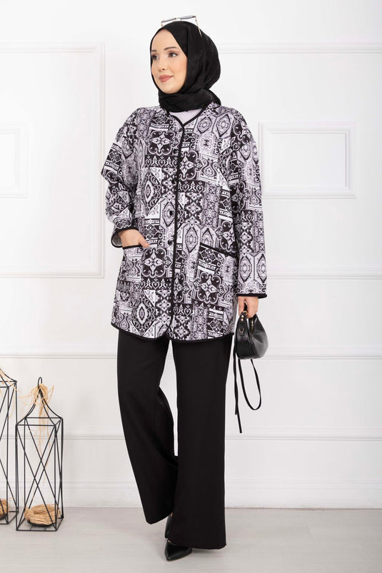 Ethnic Pattern Piped Jacket Set Black