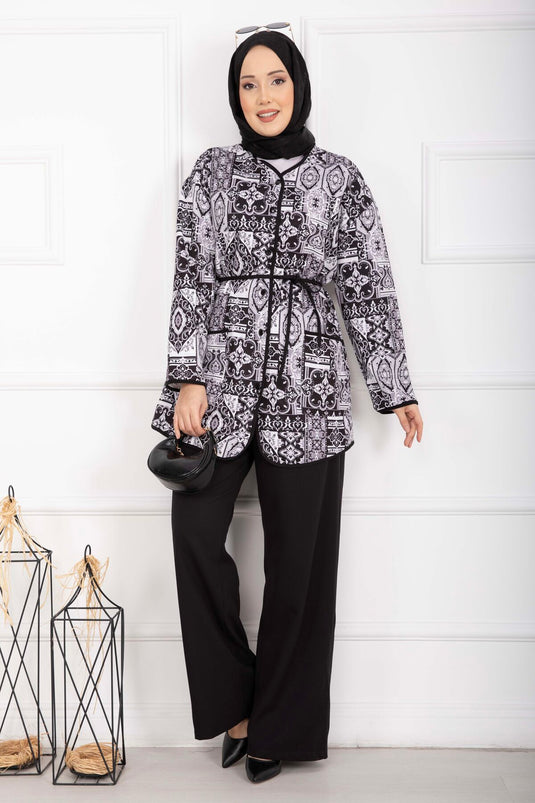 Ethnic Pattern Piped Jacket Set Black