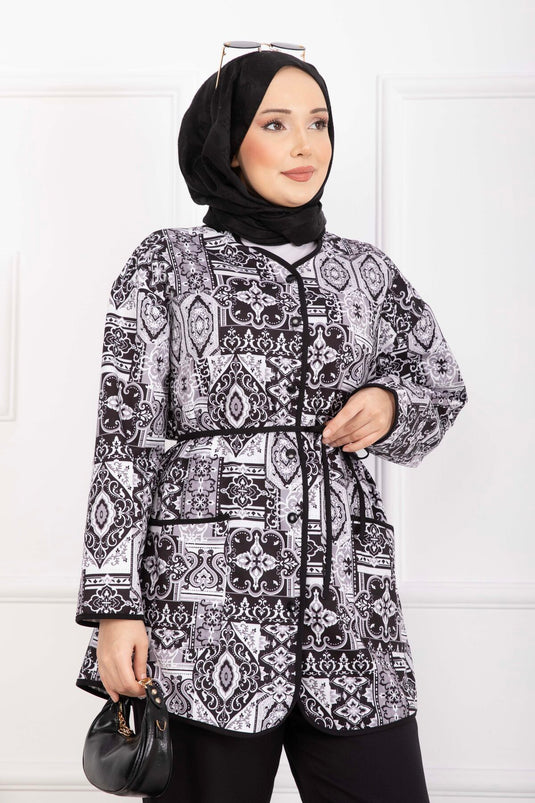 Ethnic Pattern Piped Jacket Set Black
