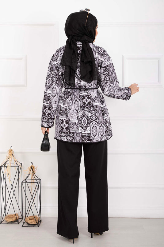 Ethnic Pattern Piped Jacket Set Black