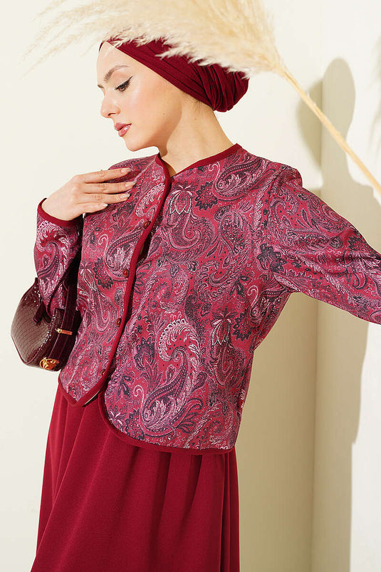 Zweiteiliger Anzug mit ethnischem Muster, Jacke und Rock, Bordeaux
