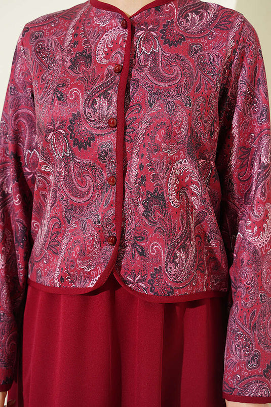 Zweiteiliger Anzug mit ethnischem Muster, Jacke und Rock, Bordeaux