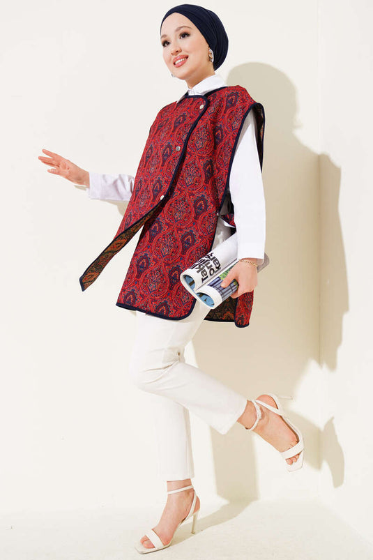 Ethnic Pattern Snap-On Sweater, Burgundy